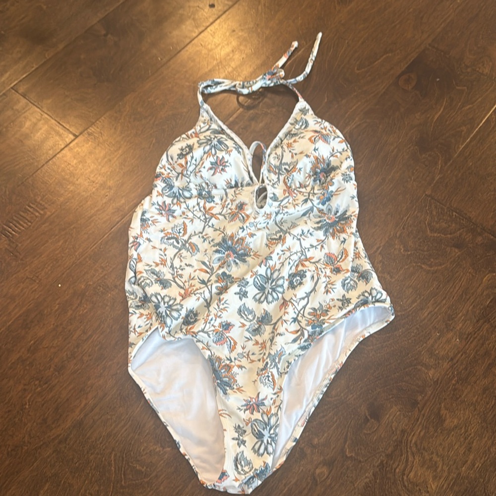 Cupshe White Floral Halter One-Piece Swimsuit with Teal & Orange Print - Picture 2 of 4